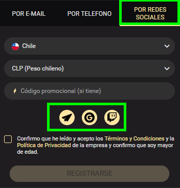 Alta mediante redes sociales