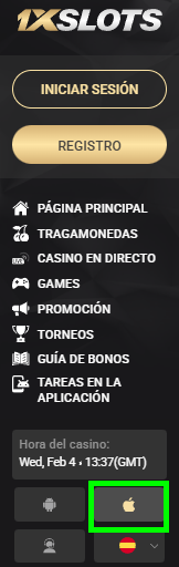 Aplicación 1xSlots iOS